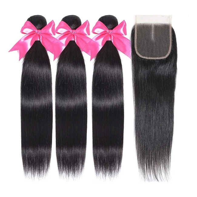 FZY Brazilian Hair Bundles 10A Straight Human Hair with Closure - Unprocessed Virgin Hair - Natural Color - 3 Bundles + 4x4 Free Part Lace Closure