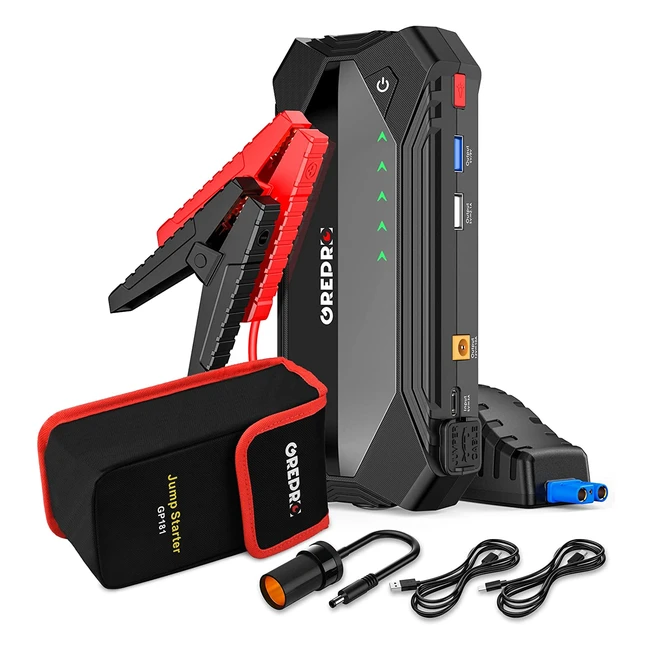 Grepro Jump Starter Power Pack - Up to 80L Gas/60L Diesel - 2000A Car Jump Starter Power Bank for 12V Vehicle Battery - Dual USB Quick Charge 3.0 Ports & LED Light