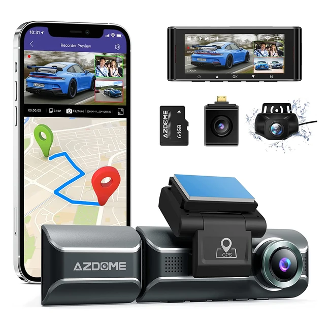 Caméra de voiture Azdome M550 Triple 1440p/1080p/1080p GPS Wifi - Enregistrement en boucle 64Go SD - Vision nocturne - G-capteur - Détection de mouvement