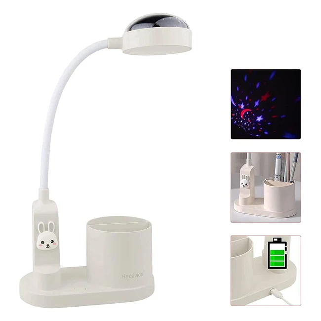 Lampe de bureau enfant Hacevida - Projecteur étoile - Lampe de chevet LED rechargeable et dimmable - Col de cygne flexible - Porte-stylo - Blanc