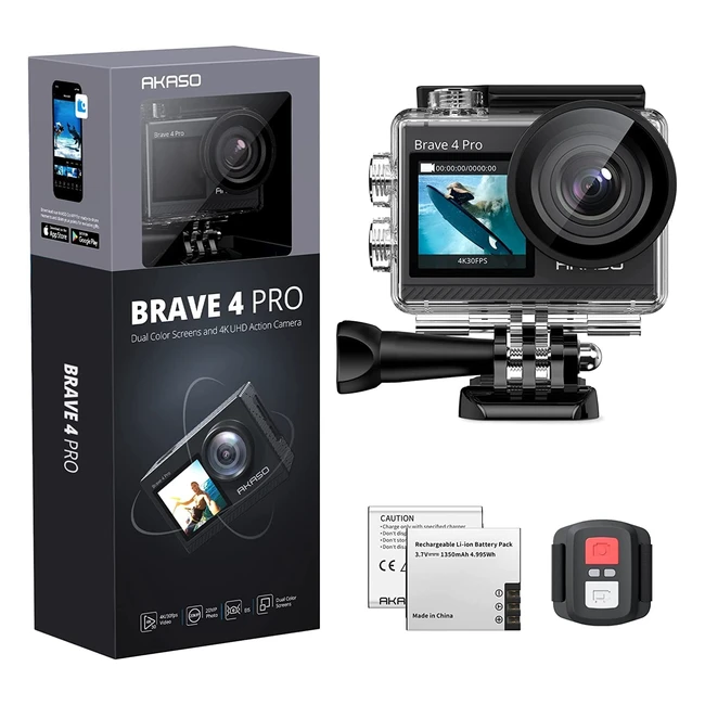 Caméra sport AKASO Brave 4 Pro 4K 30fps 20MP, étanche 40m, grand angle 170° avec télécommande 2.4G et 2 batteries rechargeables 1350mAh, EIS 2.0