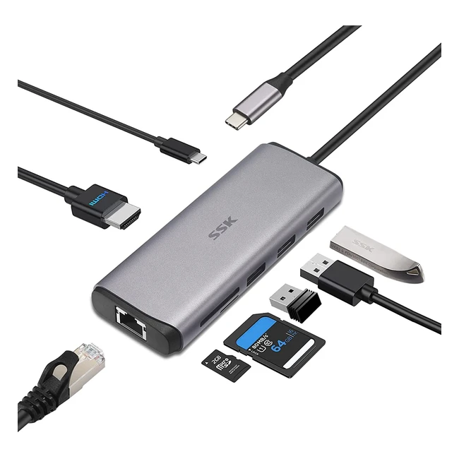 SSK USB C Hub 8in1 Type C Multiport Adapter - 4K HDMI RJ45 Ethernet PD30 2 US