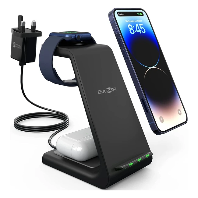 Quezqa 3-in-1 Wireless Charging Station for Apple Watch, AirPods Pro, and iPhone - Fast Qi Certified Charger with 18W Adapter