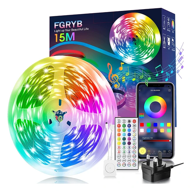 15m FGRYB LED Strip Light - Music Sync RGB Colour Changing Lights for Bedroom with Bluetooth App & Remote Control