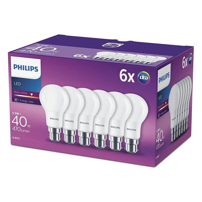 Philips LED B22 Frosted Light Bulbs 55W 40W Warm White - Pack of 6