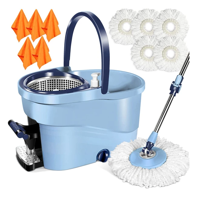 MasterTop Spin Mop and Bucket Set - Microfiber Mop with Wringer, 5 Reusable Refills - Blue