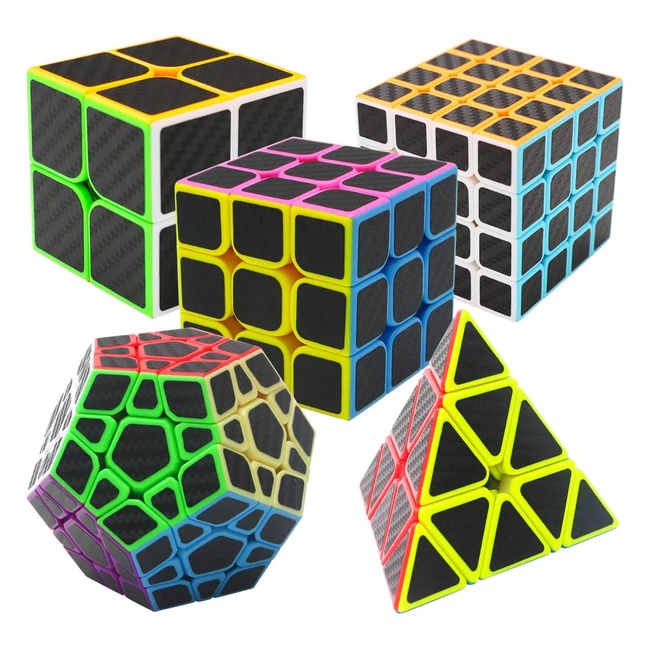 Pack de 5 cubos de velocidad Coolzon: Megaminx, Pyraminx, 2x2x2, 3x3x3, 4x4x4 con pegatinas de fibra de carbono