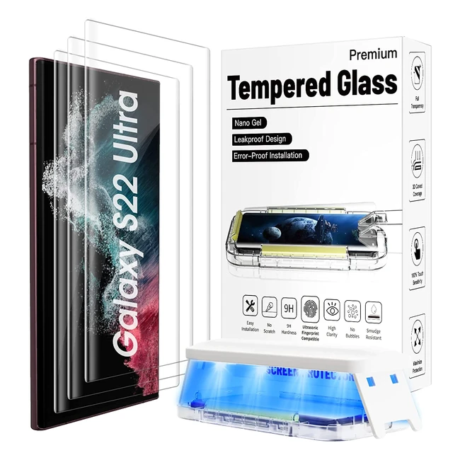 3 Pack Ultra Glass Screen Protector for Samsung Galaxy S22 Ultra - Full HD 3D Curved Edge, Ultrasonic Fingerprint Unlocking, Easy Install Kit