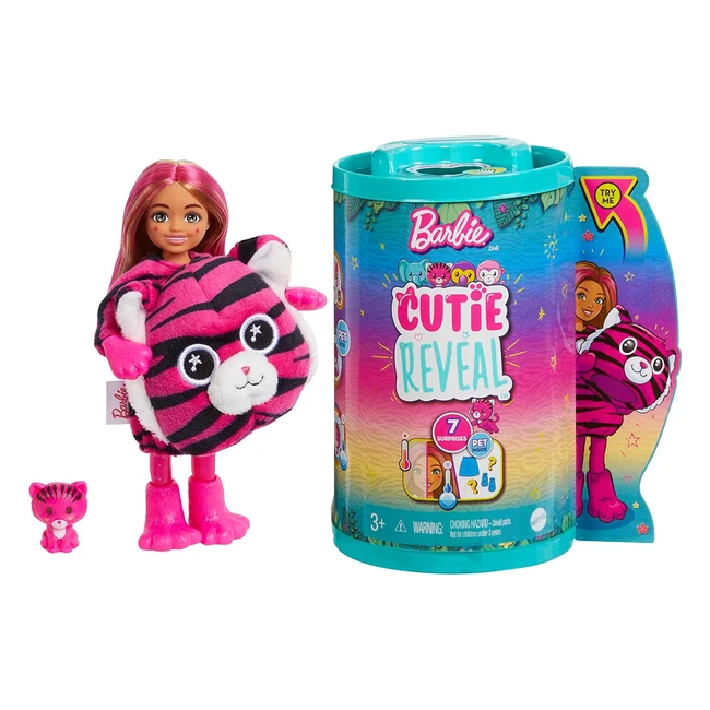 Barbie Poupe Chelsea Cutie Reveal Jungle avec Costume de Tigre en Peluche et 7 Surprises - Jouet Enfant dès 3 ans