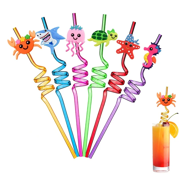 Reusable Curly Straws with Marine Animals for Summer Parties - Pack of 6