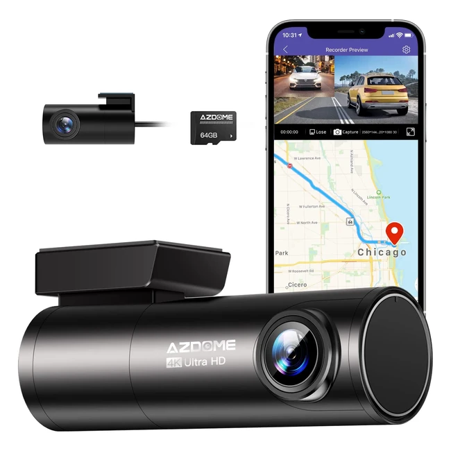 Azdome 4K Dual Dash Cam with WiFi, GPS, Voice Control, Night Vision, and 64GB SD Card - M300S