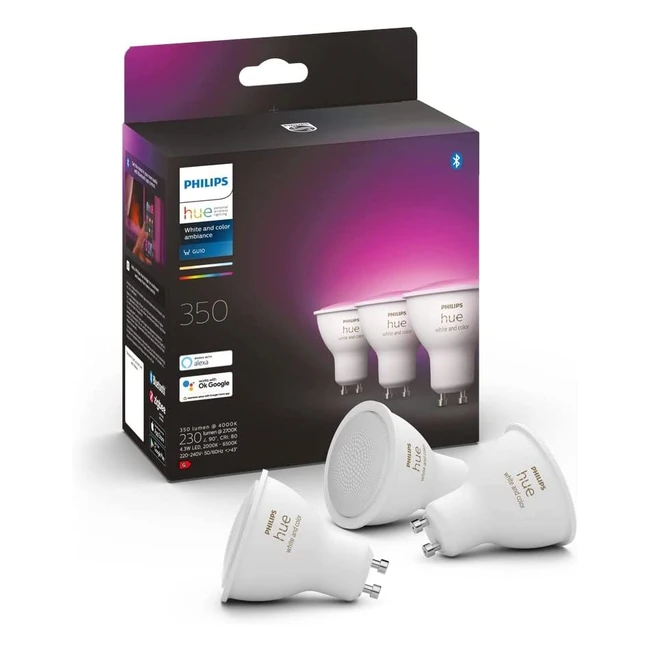 Philips Hue White & Color Ambiance Ampoule LED Connectée GU10 4.3W Lot de 3 - Compatible Bluetooth - Fonctionne avec Alexa, Google Assistant et Apple HomeKit
