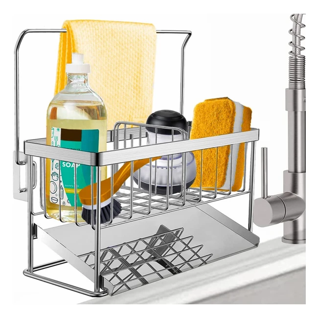 Organisateur d'évier en acier inoxydable avec évacuation automatique d'eau et rangement pour éponges et brosses