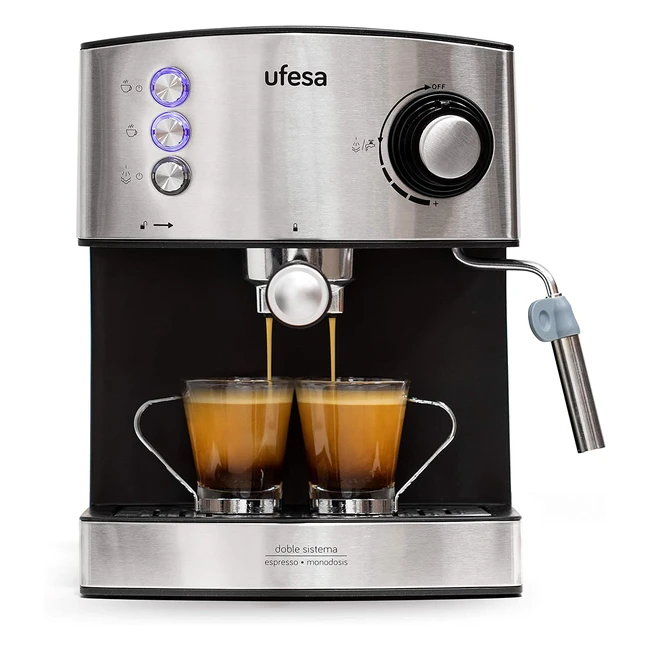 Ufesa Black and Silver Espresso Machine - 850W, 20 Bar Pressure, Ground Coffee System