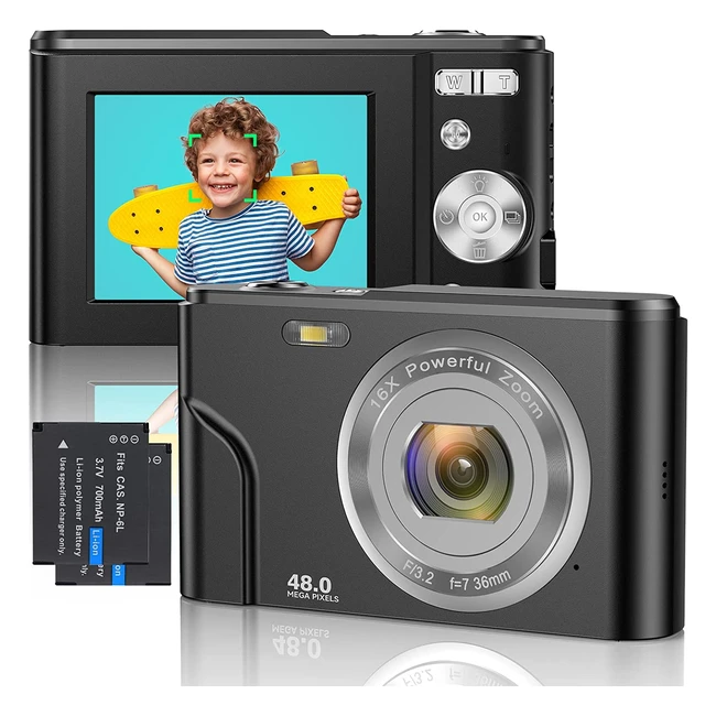 Fotocamera Digitale 1080p FHD Mini con Messa a Fuoco Automatica, Zoom Digitale 16x e Regalo per Bambini, Studenti e Adulti - Nero