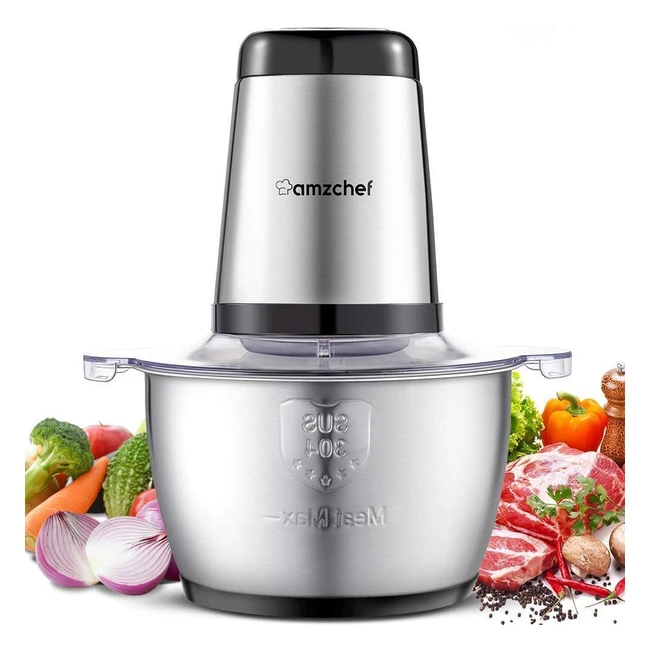AMZchef Tritatutto Elettrico 300W con Ciotola Acciaio Inox 2L e 4 Lame Durevoli - Mini Robot da Cucina Facile da Pulire e Assemblare - Argento