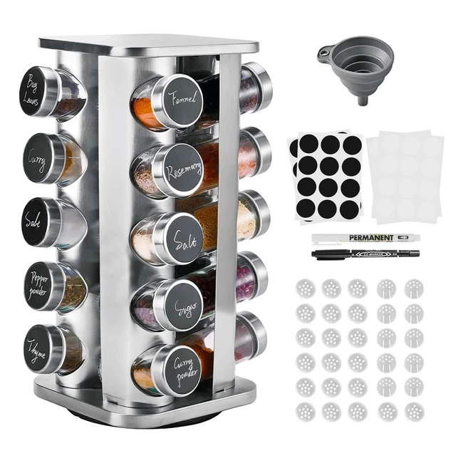 Miorkly Square Spice Rack Organizer with 20 Jars - Rotating Thick and Strong - 