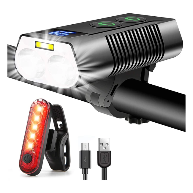Super Bright Rehkittz Bike Lights Set with Fog Light and Power Display - USB Rechargeable Front and Back Bicycle Lights with 6 Lighting Modes