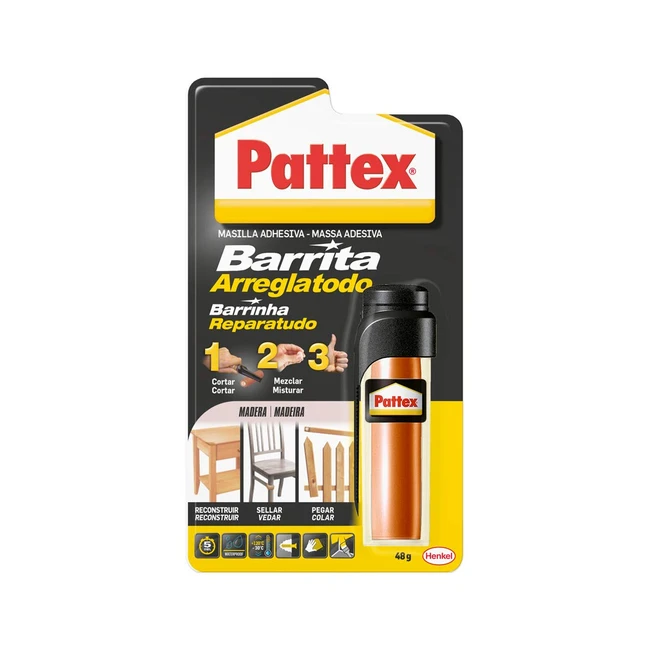 Pattex Barrita Arreglatodo Bicomponente para Madera - Pasta Moldeable para Pegar y Reparar - Resina Epoxi Barnizable y Lijable - Tubo 48g