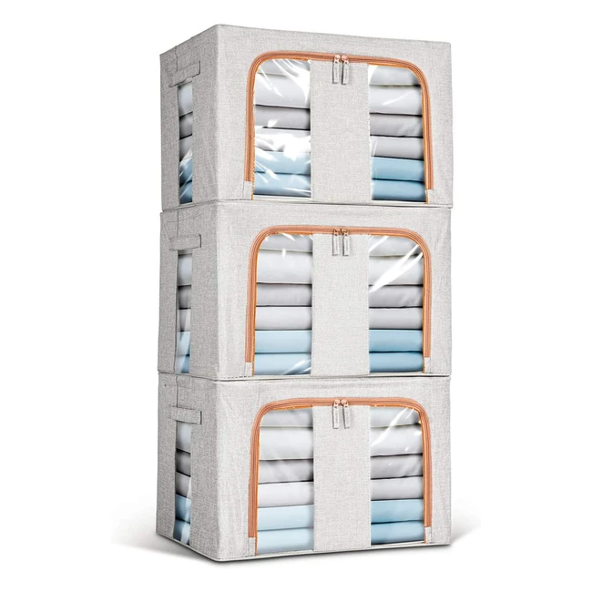 Lesfit Fabric Storage Boxes - Set of 3, Large Capacity 66L, Metal Frame, Windows, Handles