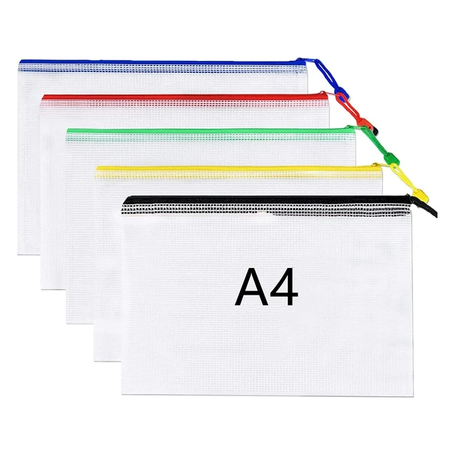 5-Pack A4 Plastic Mesh Zip File Folders - Waterproof & Durable