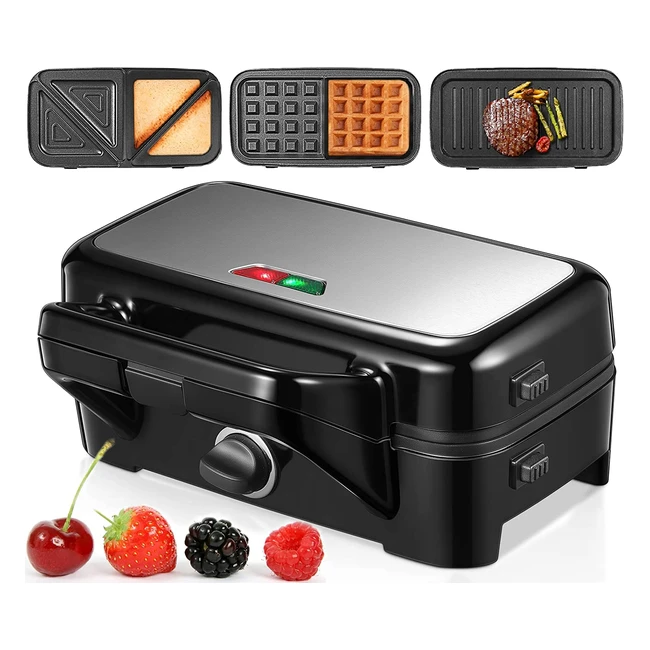 Gaufrier 3 en 1 Housnat - Sandwich, Gaufre, Grill - 1200W - Plaques Antiadhésives - Contrôle de Température - Interrupteur de Sécurité