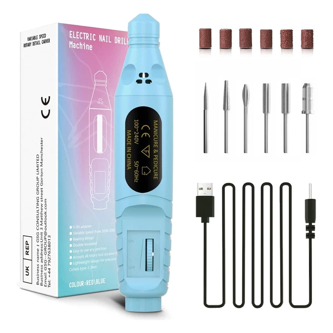 Portable Electric Nail File Set - Adjustable Speed 20000rpm with 6 Drill Bits for Salon and DIY Manicure