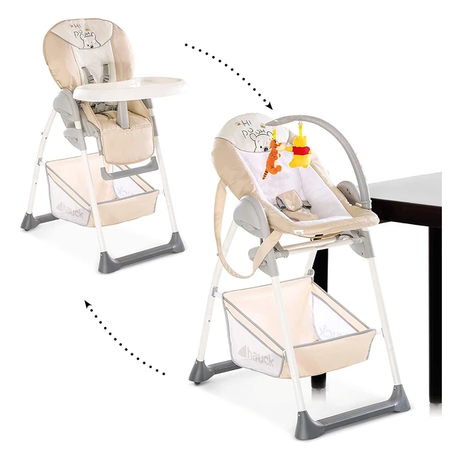 Chaise haute bébé évolutif Hauck Sit n Relax avec transat et arche de jeux - Réglable en hauteur, pliable, beige Winnie l'Ourson