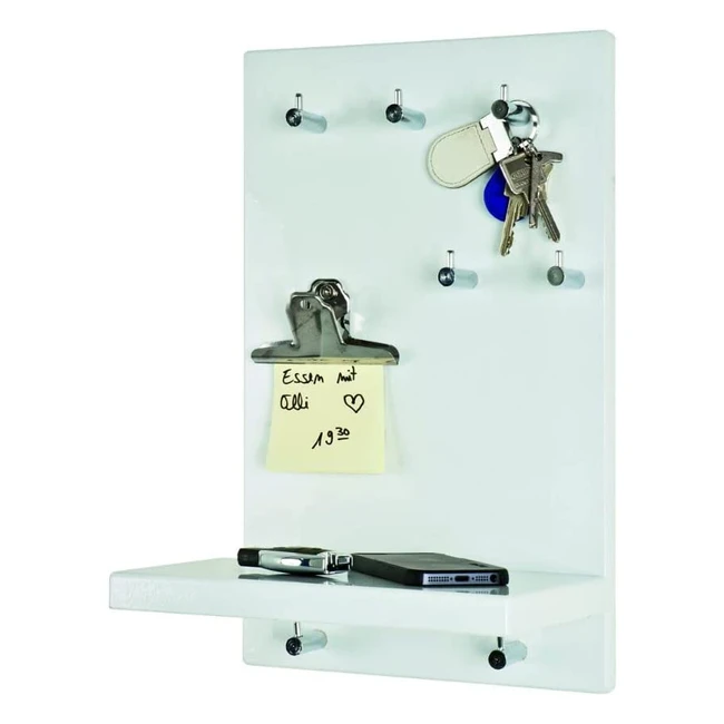 Porte-clés Haku en MDF blanc brillant 17x25x40cm avec 7 crochets en acier chromé
