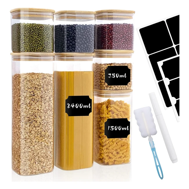 Lot de 7 bocaux en verre Withosent, conservation de cuisine pour spaghetti, pâtes et céréales, avec couvercles en bambou et étiquettes réutilisables