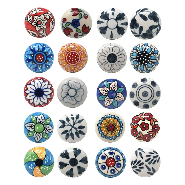 Vintage Flower Ceramic Knobs Set of 20 for Cabinets and Drawers - Hand Painted Indian Design