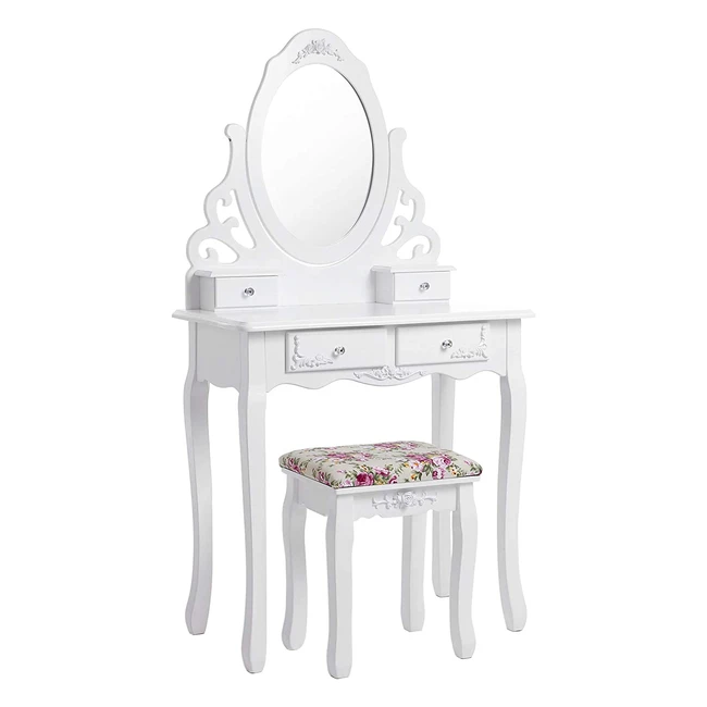Songmics Schminktisch mit Spiegel und Hocker, 4 Schubladen inkl. 2 Trennwände, Kippschutz, weiß RDT04W