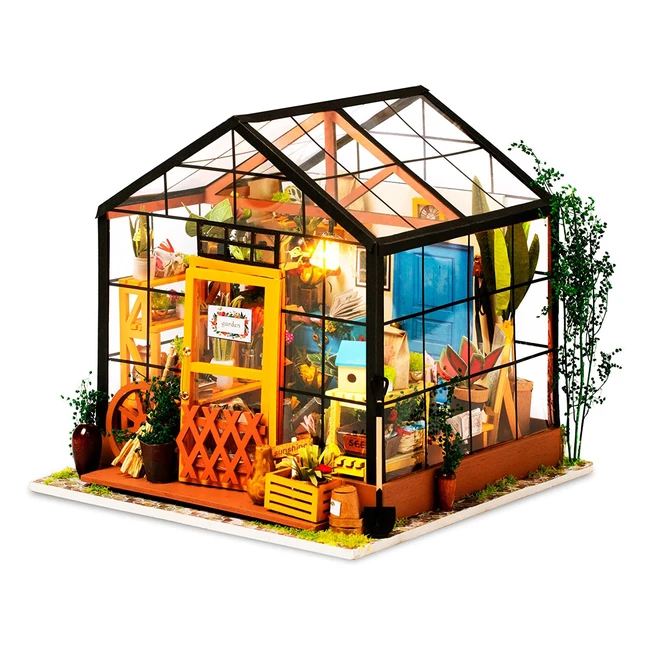 Robotime DIY Doll House Kit Cathy's Flower House - Miniature Greenhouse Craft Kit for Adults with Furniture