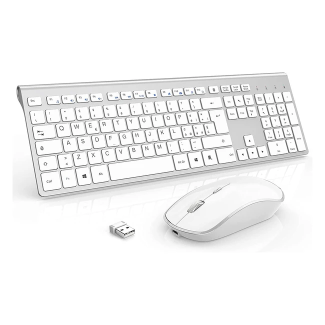 Tastiera e mouse wireless Joyaccess - Batteria ricaricabile 500mAh - Ergonomico e silenzioso - Compatto - 24GHz - Argento/Bianco