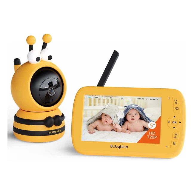 Babytime 1080p Babyphone avec housse silicone et écran LCD 5'', vision nocturne, berceuses, portée 300m