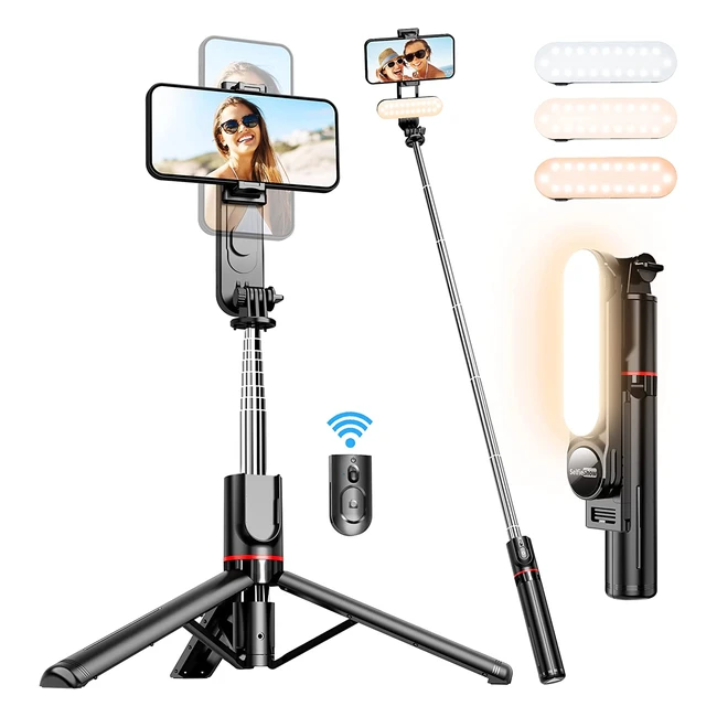 Palo Selfie con Luz de Relleno y Trípode Extra Largo 114cm - Compatible con iPhone, Samsung, Huawei - 360° Rotación y Control Remoto