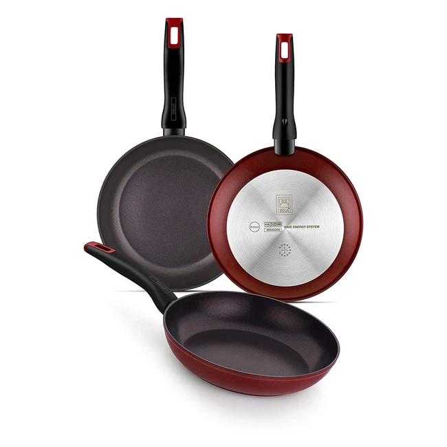 Set de 3 sartenes Red Diamond de Bra, antiadherentes y reforzadas con diamante y titanio, aptas para todo tipo de cocinas e inducción