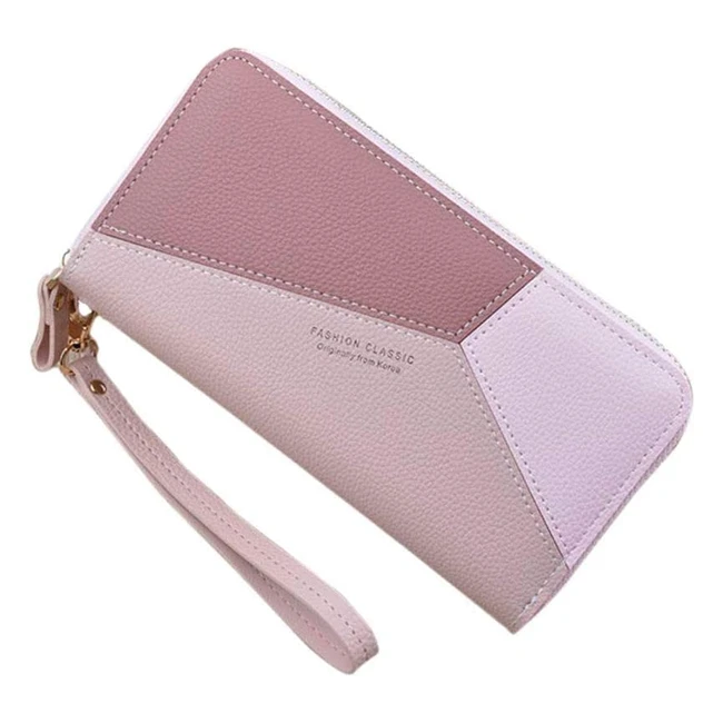 Portafoglio Donna Grande Capacità in Pelle PU con Cerniera e Cuciture Rosa - Nuova Versione