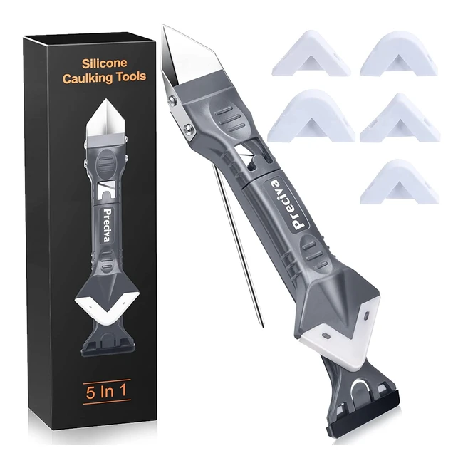 Preciva Silicone Caulking Tool Kit with Stainless Steel Head and 5 Replaceable Silicone Pads for Bathroom and Kitchen - Professional and DIY Use