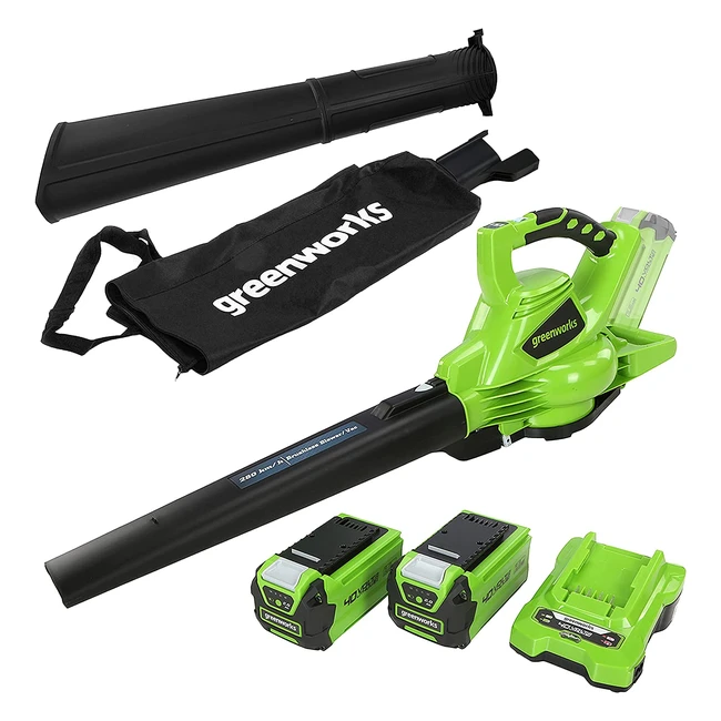 Greenworks GD40BVK2X Cordless Leaf Blower Vac with Brushless Motor - 280km/h, 45L Mulching Bag, 2x 40V 2Ah Batteries, Charger, 3-Year Guarantee