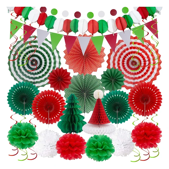 Kit Decoración Navidad Huryfox 33 pcs - Pompones Papel, Guirnalda, Banderines - Ideal para Interior, Jardín y Hogar