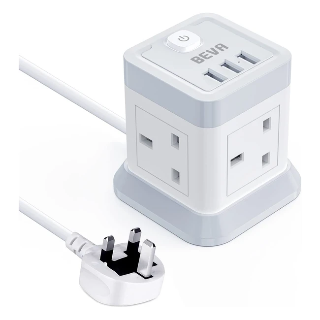 BEVA 4 Gang Extension Socket with USB Ports and 3m Cable - Power Strip for Home, Office, and Travel