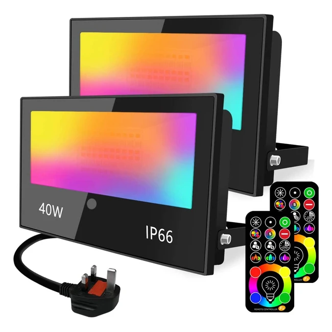 40W RGB LED Floodlight with Remote Control, 120 Colors, Warm White, IP66 Waterproof - 2 Pack