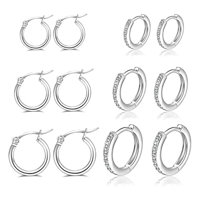 925 Sterling Silver Hoop Earrings Set with Cubic Zirconia - 6 Pairs for Women and Men