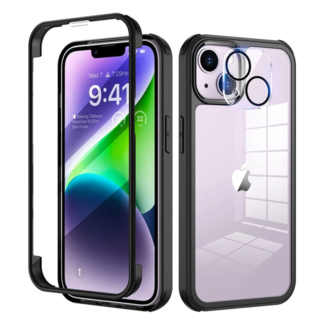 Shockproof Seacosmo iPhone 14 Plus Case with Builtin Glass Screen Protector - Black/Clear