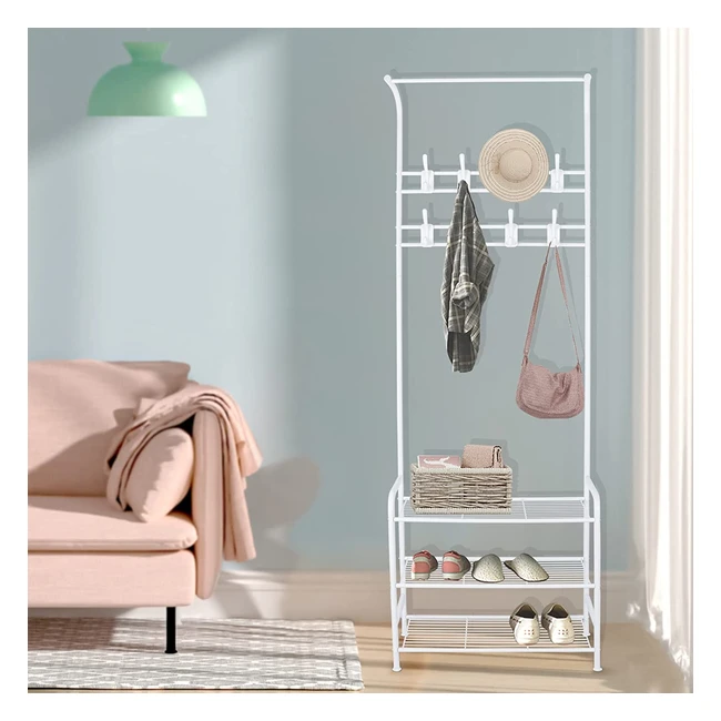 Innotic Coat Rack Stand with Shoe Rack & 16 Hooks - Free Standing Hall Tree for Storage - Matte Steel Frame - White