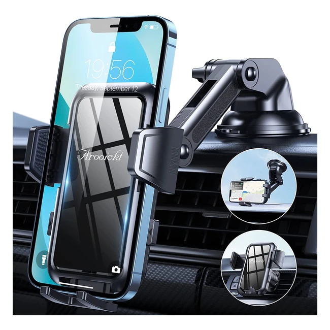 Arooickt Car Phone Holder - Super Stable & Durable - Upgraded Strongest Suction - 3-in-1 Dashboard, Air Vent, Windshield - Handsfree & Washable - All Mobile Phones