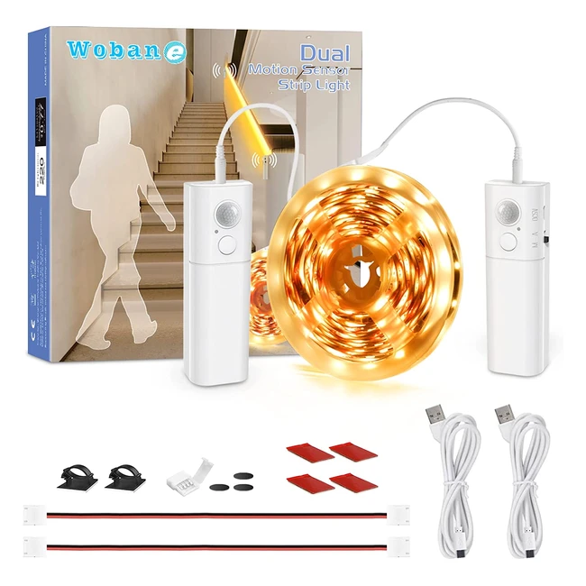 Wobane Rechargeable Motion Sensor LED Strip Light - Dual Modes, 2 Sensors, USB Rechargeable, Cuttable & Connectable - Ideal for Stairs, Beds & Closets