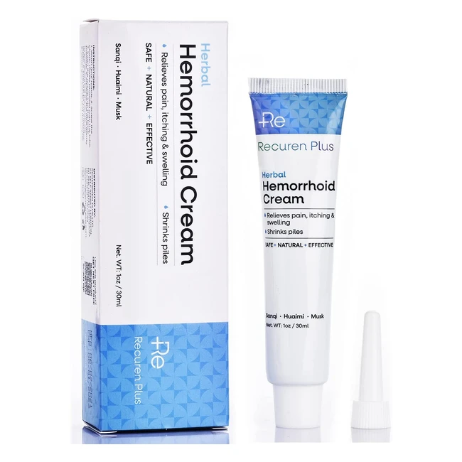 Recuren Plus Natural Herbal Hemorrhoid Cream - Fast Relief from Itching, Swelling, Bleeding, and Discomfort - 30g