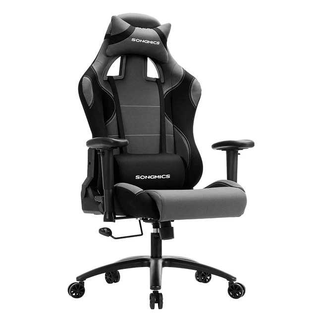Songmics RCG02G Bürostuhl Gaming Chair, hohe Rückenlehne, gepolsterter Sitz, einstellbares Kissen und Lendenwirbelstütze, für SOHO oder Büroarbeit, Schwarz/Grau